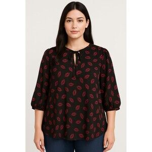 Torrid Women’s 3X Georgette Bow Tie Blouse Black Pink Lips Leopard Print